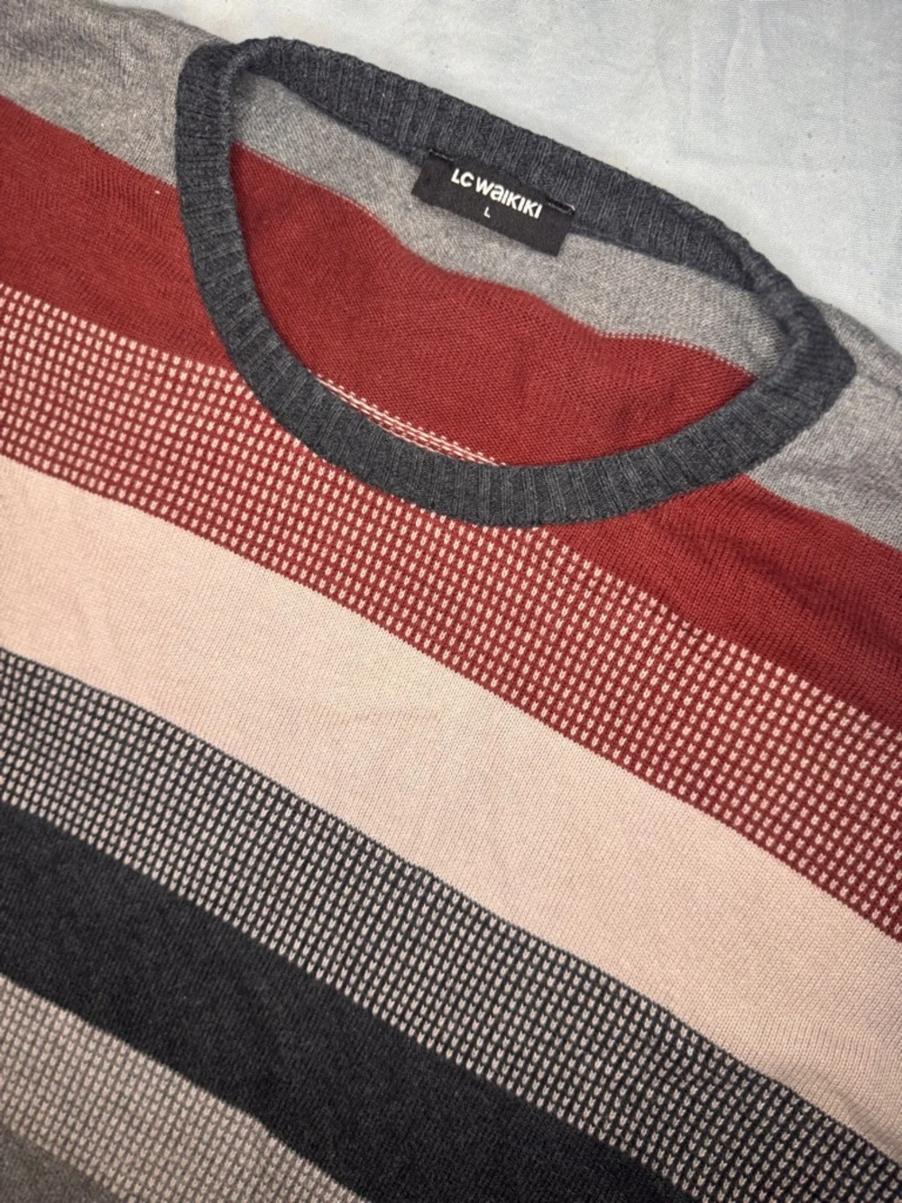 LC Waikiki Striped Knit Sweater Mens L Red Gray Navy Crewneck